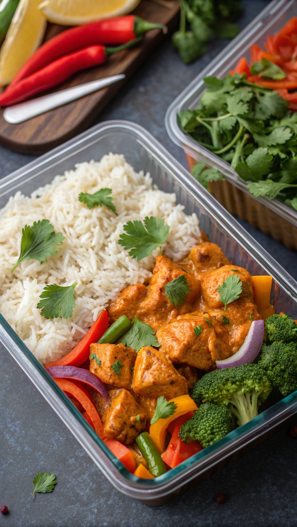 Healthy butter chicken meal prep with rice and vegetables in a container.