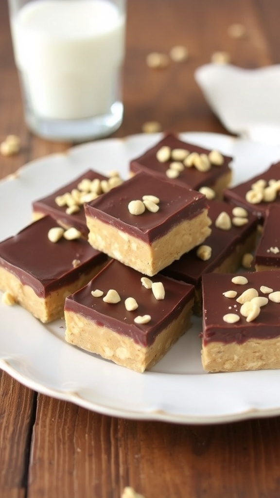 No-bake chocolate peanut butter bars cut into squares, garnished with crushed peanuts, on a rustic table with a glass of milk.