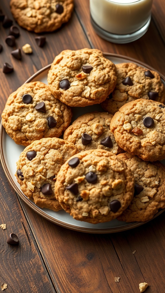 A plate of golden oatmeal cookies with chocolate chips and nuts, accompanied by a glass of milk on a wooden table.
