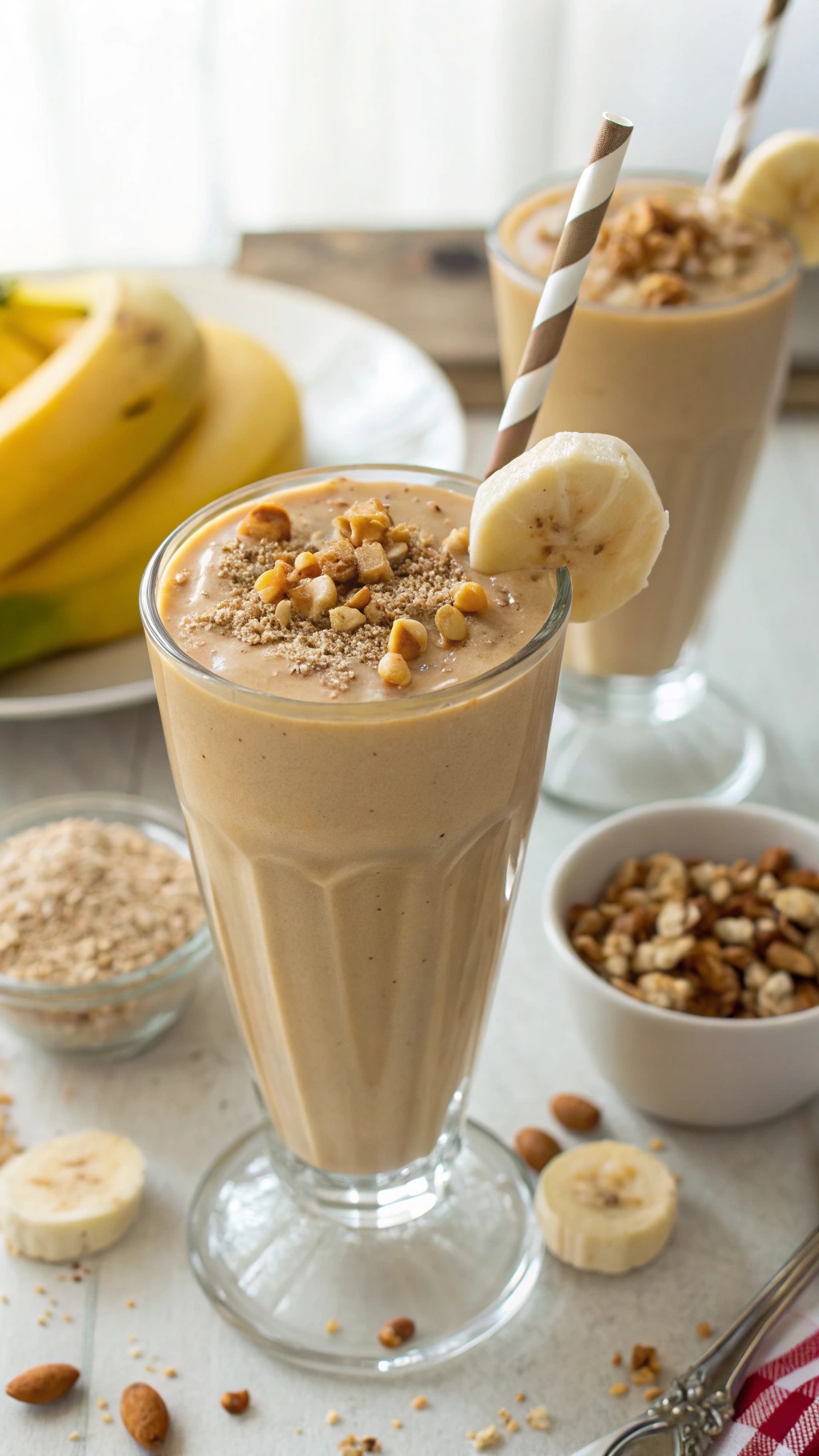 A tall glass of peanut butter banana smoothie garnished with crushed peanuts and a banana slice.