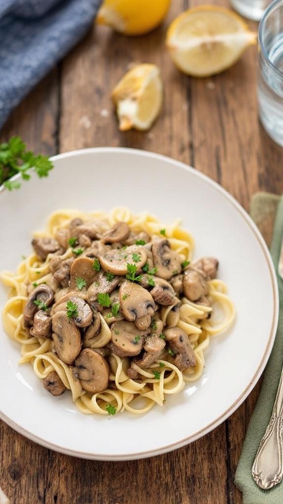 A plate of healthy beef stroganoff with beef, mushrooms, and whole grain noodles, garnished with parsley.