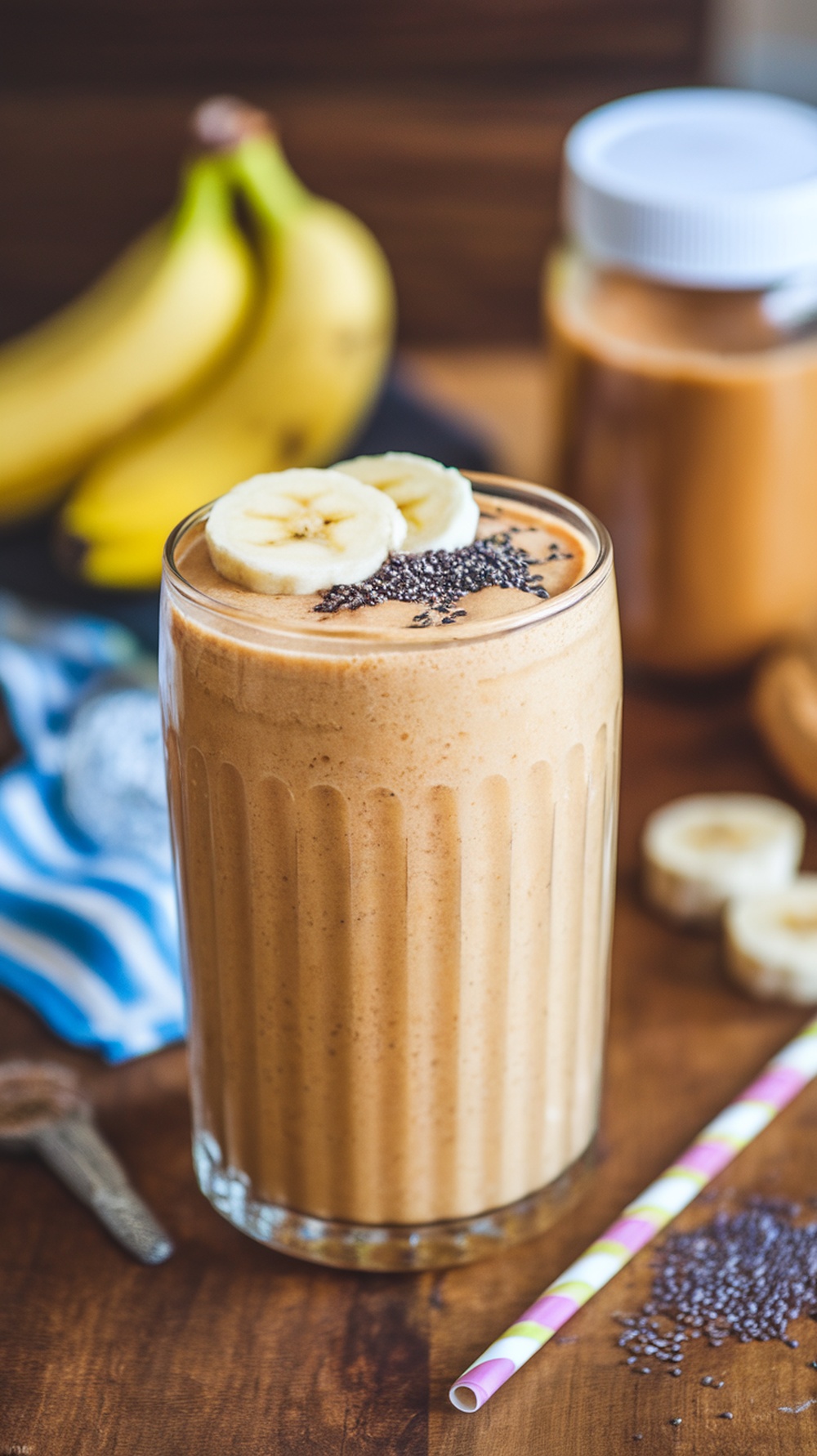 A tall glass of peanut butter banana protein smoothie topped with banana slices and chia seeds on a wooden table.