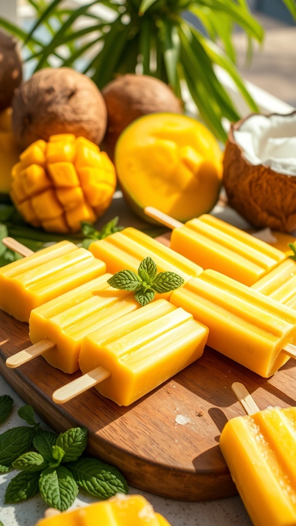 Tropical coconut mango popsicles on a wooden platter with fresh mangoes and coconuts.