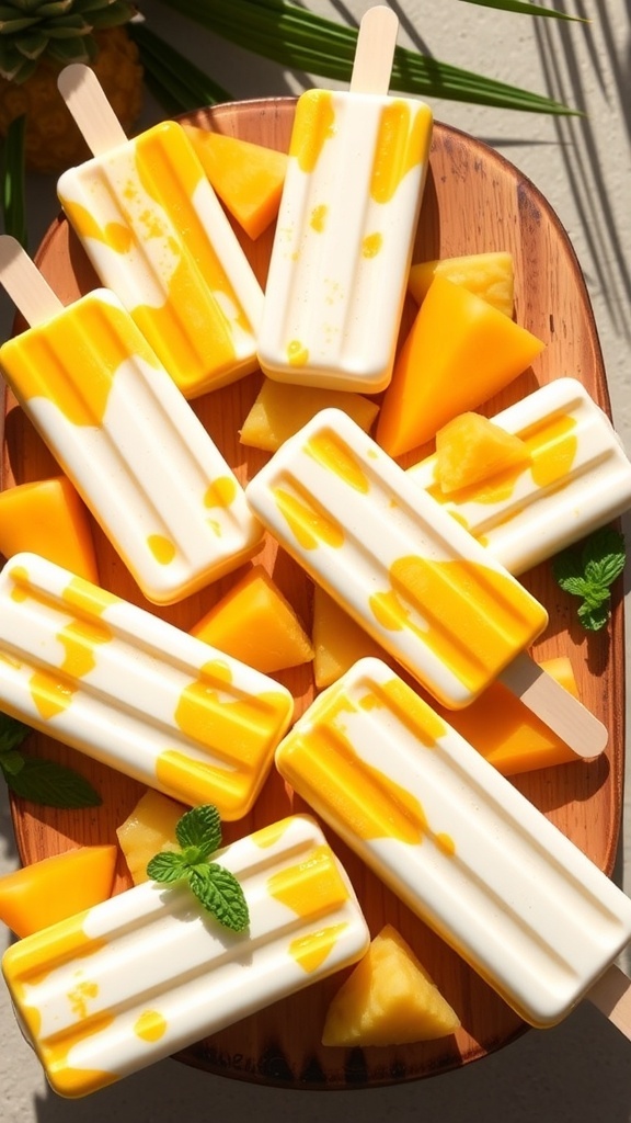 Tropical coconut yogurt popsicles with pineapple and mango, garnished with fruit and mint on a wooden board.