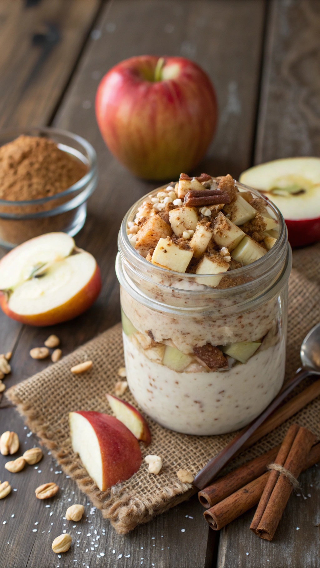 A jar of apple-cinnamon overnight oats with diced apples and cinnamon on a wooden table, surrounded by fresh apple slices.
