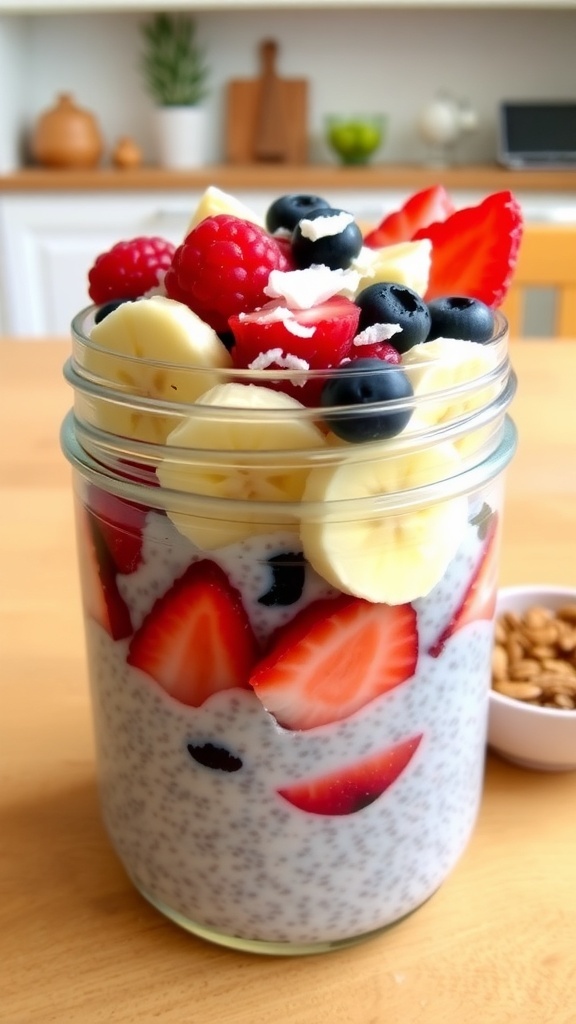 A bowl of chia seed pudding topped with berries and coconut flakes in a bright kitchen.