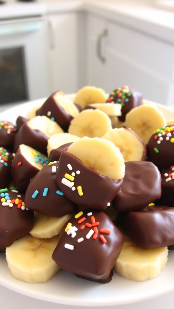 Chocolate-dipped frozen banana bites on a plate, topped with nuts and sprinkles.
