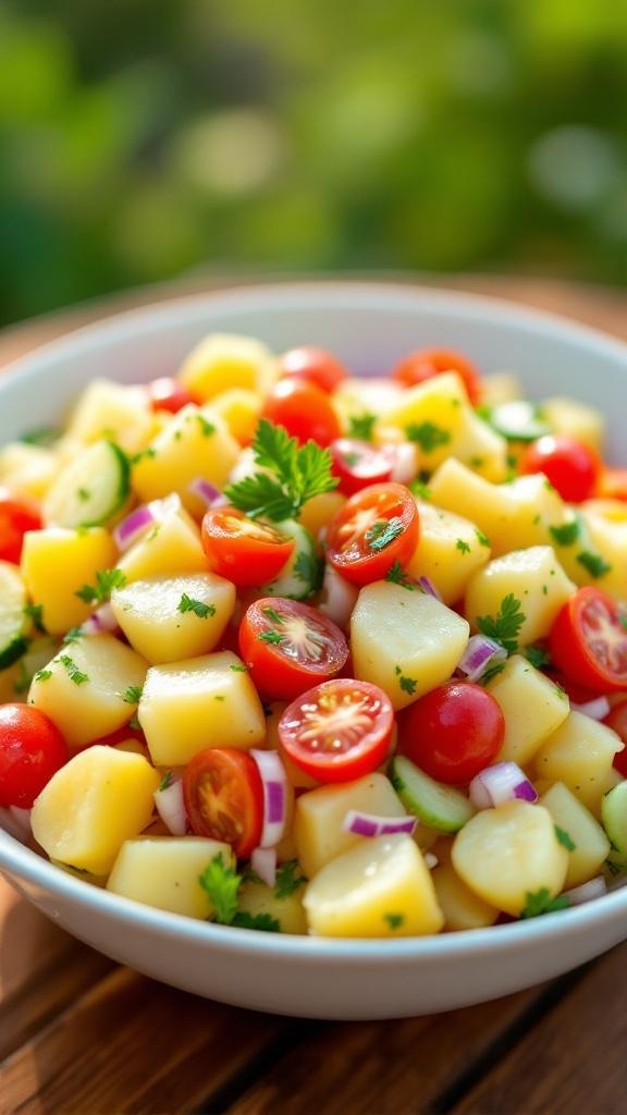 A colorful potato salad with diced potatoes, cherry tomatoes, cucumber, and parsley in a bowl on a picnic table.