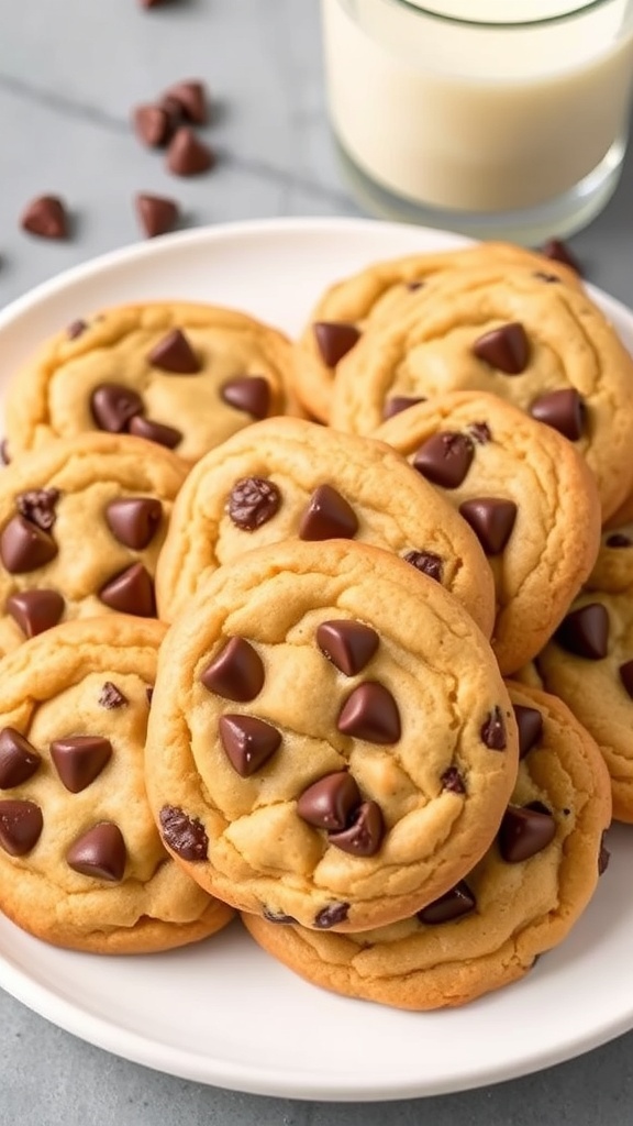 A plate of keto chocolate chip cookies with sugar-free chocolate chips and a glass of almond milk.