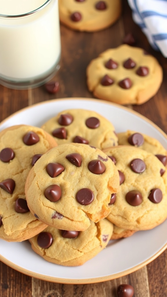 A plate of chewy peanut butter chocolate chip cookies with melted chocolate chips, accompanied by a glass of milk.