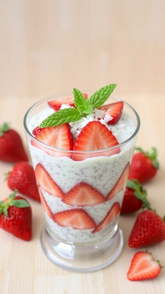 Strawberry coconut chia pudding layered in a glass with strawberries and coconut garnish.