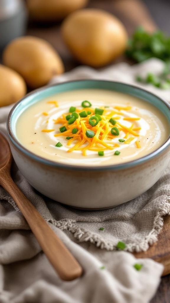 A bowl of healthy baked potato soup topped with cheese and green onions, set in a cozy kitchen.
