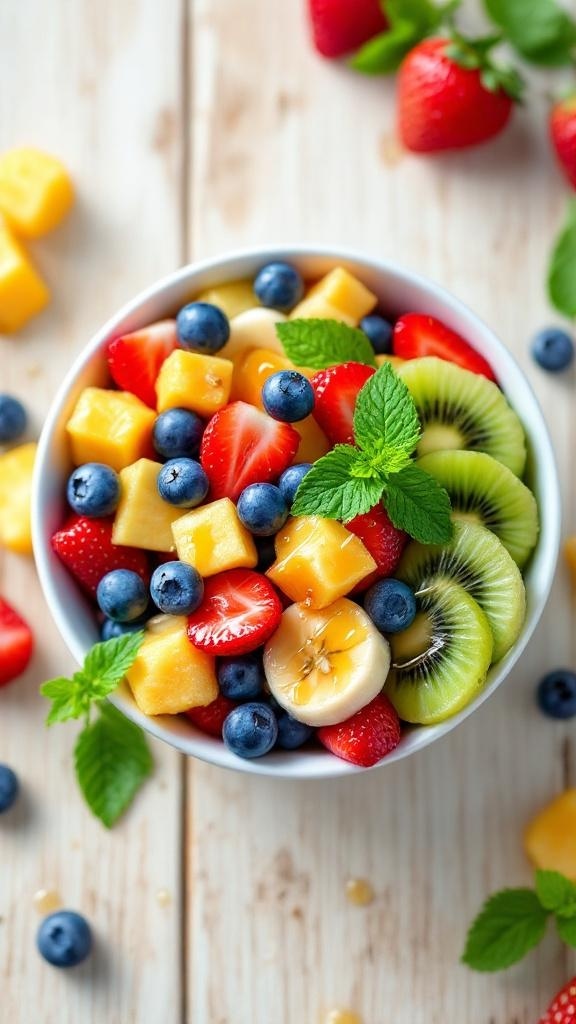 A refreshing fruit salad with strawberries, blueberries, kiwi, pineapple, and banana, garnished with mint leaves.