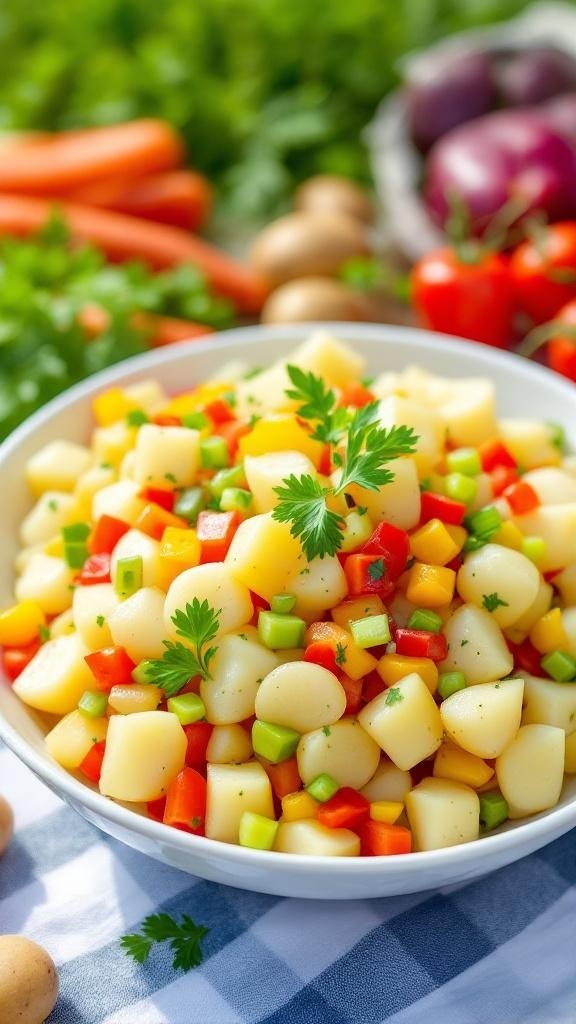 A colorful bowl of healthy potato salad with baby potatoes, bell peppers, and celery, garnished with parsley on a picnic table.