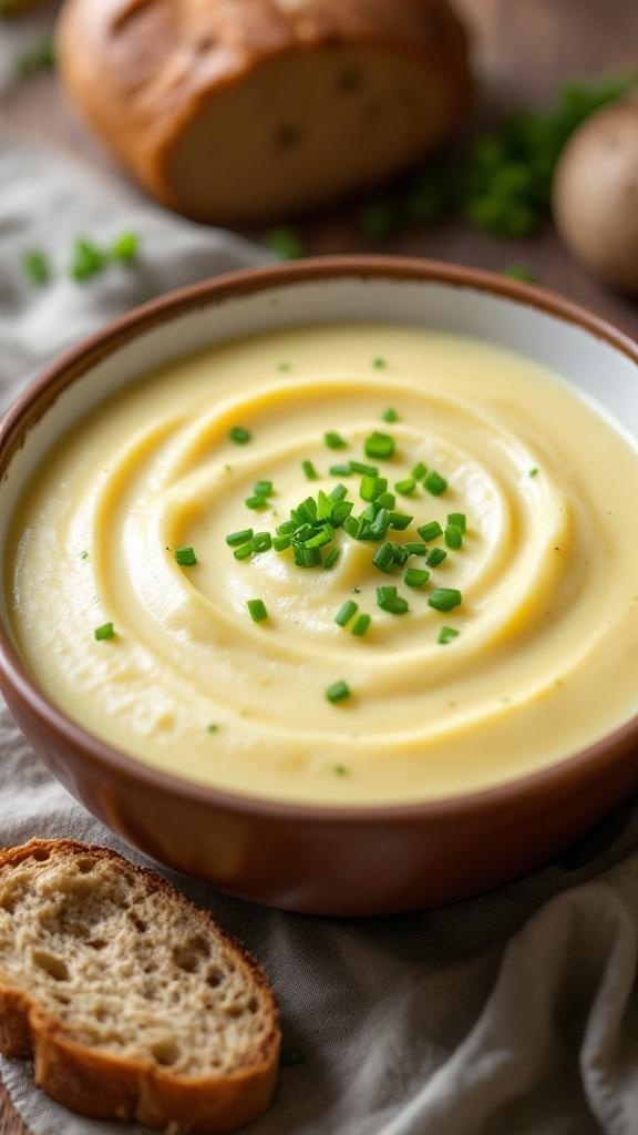 A bowl of creamy potato soup with chives and whole-grain bread on a rustic kitchen table.