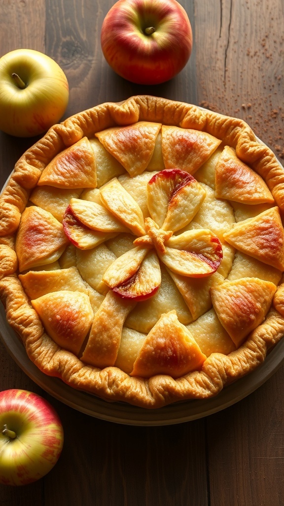 A golden apple pie with flaky crust and spiced apple filling, surrounded by fresh apples and cinnamon.