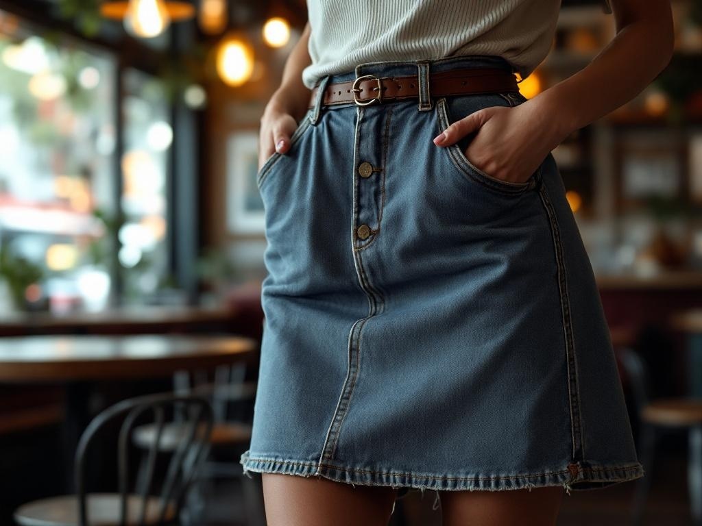 A woman wearing an A-line denim skirt with a belted waist, hands in pockets, in a cozy cafe setting.