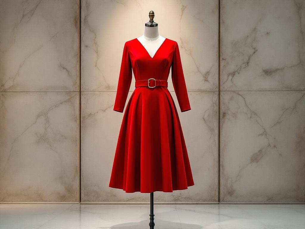 A-line red dress on a mannequin with a belt, showcasing a flattering silhouette.