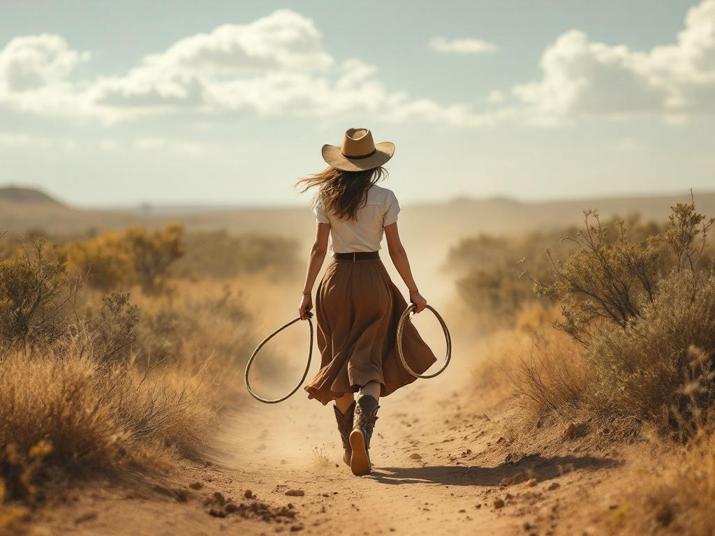 A woman walking on a dusty path wearing an A-line skirt and cowboy boots, with a hat and lasso.
