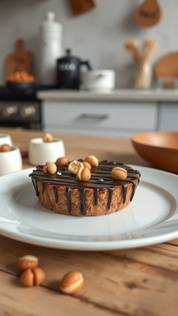 Chocolate hazelnut tart on a white plate, topped with chocolate drizzle and hazelnuts, set in a cozy kitchen.
