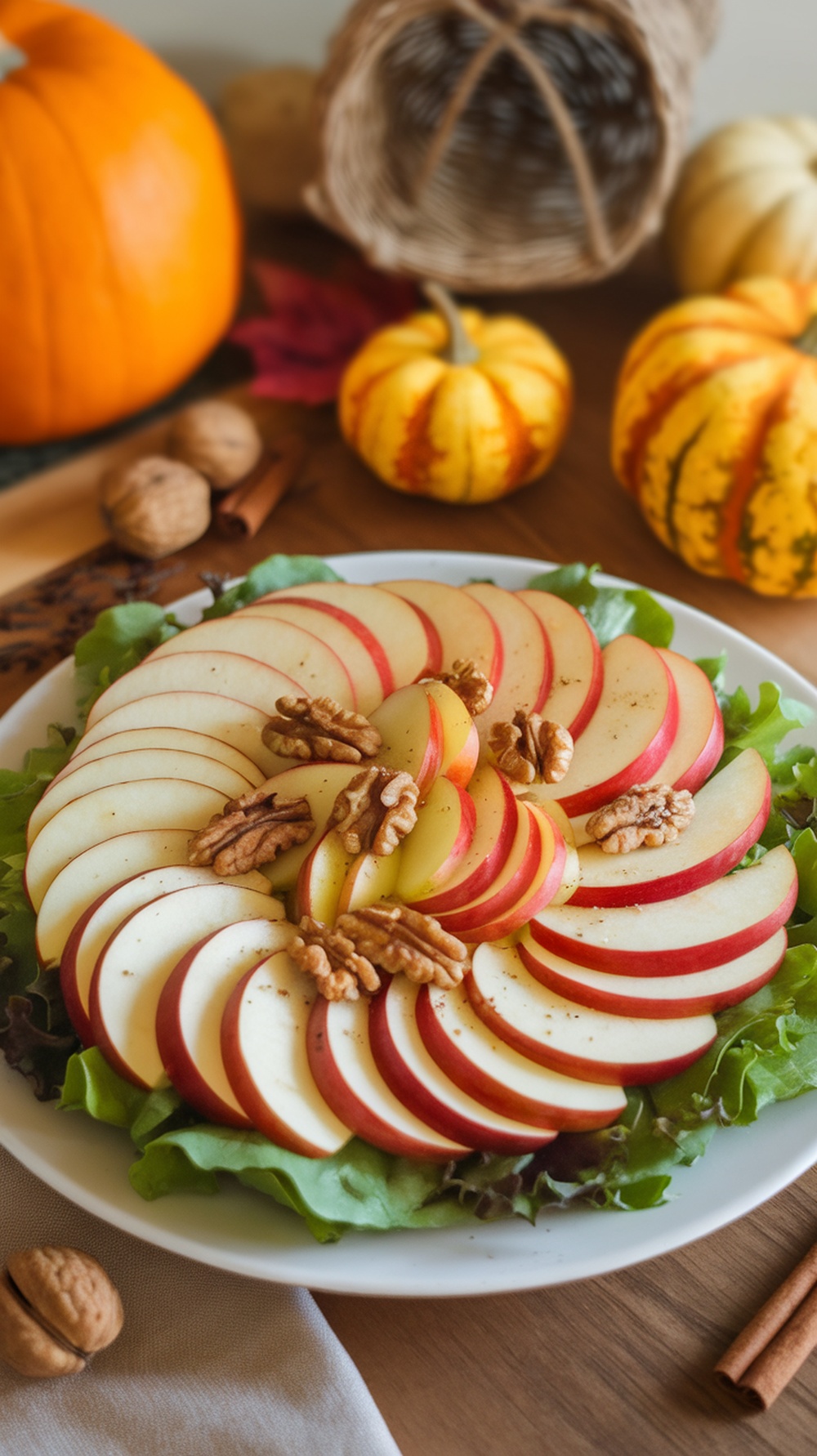 A beautifully arranged spiced apple and walnut salad with mixed greens, apples, walnuts, and cranberries.
