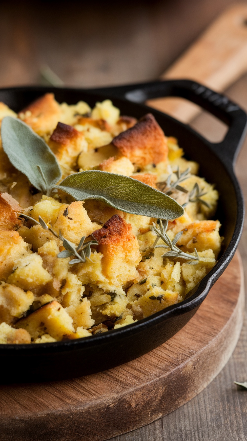 A skillet filled with savory cornbread stuffing topped with herbs.