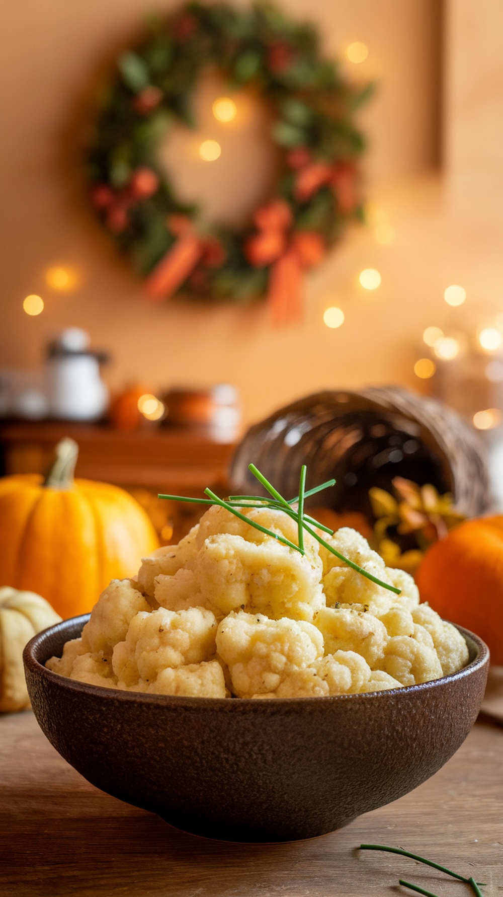 A bowl of creamy garlic parmesan mashed cauliflower with chives on top, set against a warm Thanksgiving backdrop.