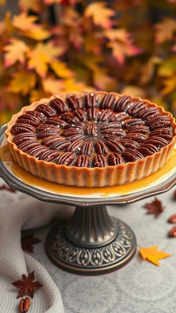 A beautifully arranged Maple Pecan Tart on a decorative stand, surrounded by autumn leaves.