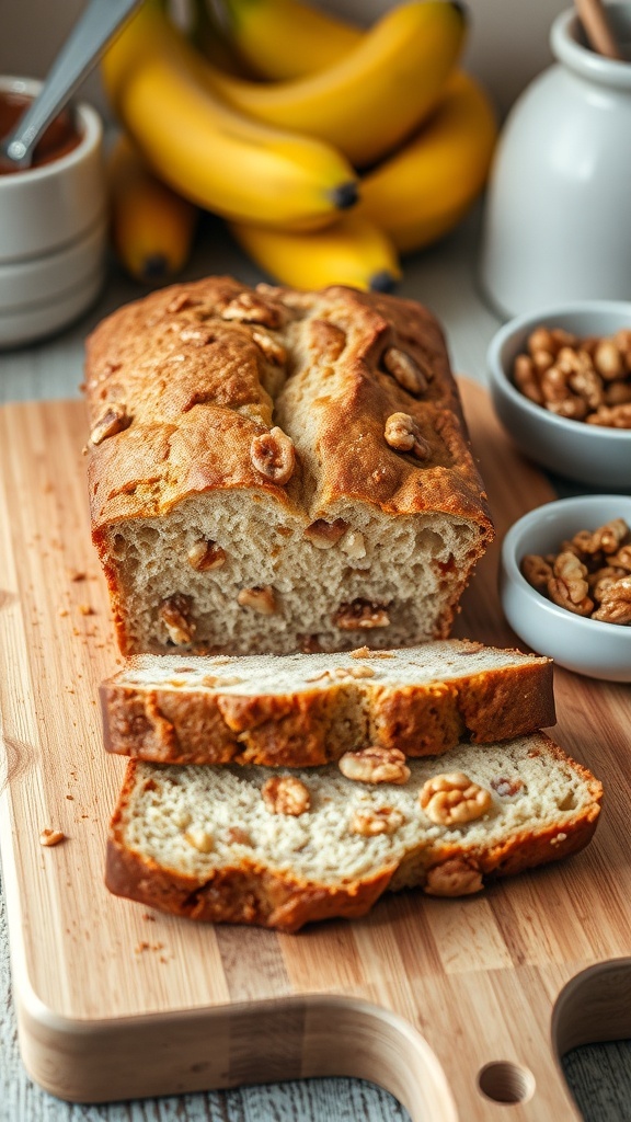 A loaf of banana bread with walnuts, sliced and displayed on a wooden board, with bananas and nuts in the background.