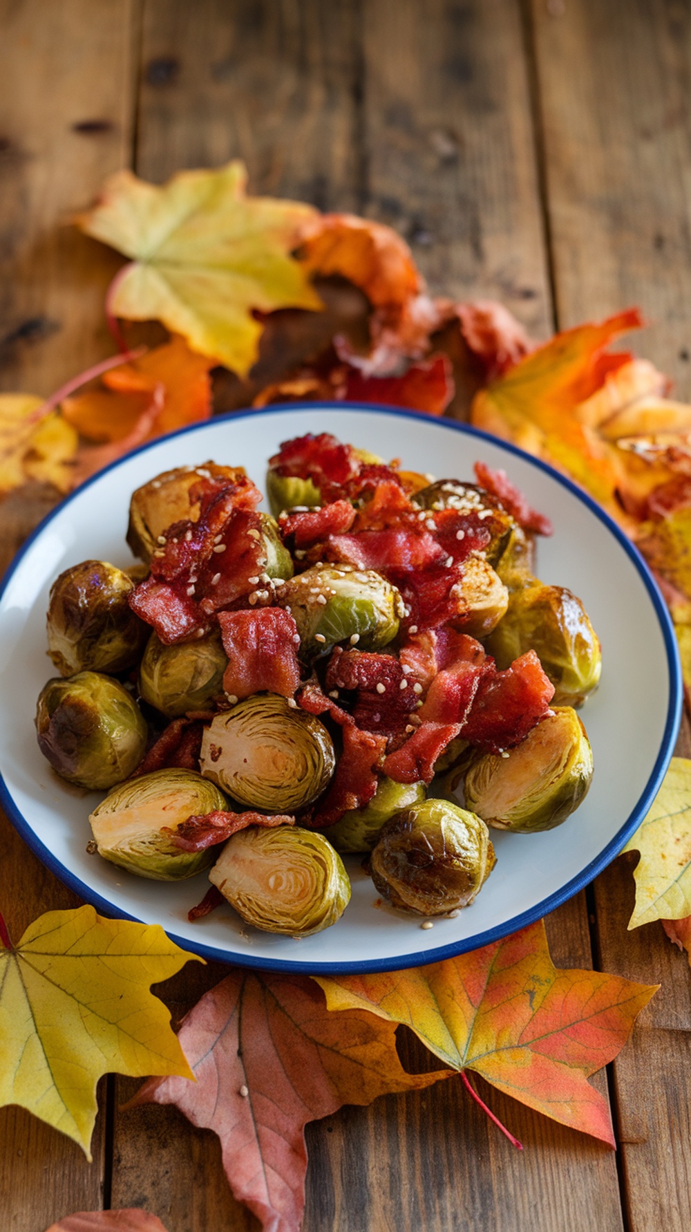 Maple-glazed Brussels sprouts with bacon on a plate surrounded by autumn leaves.
