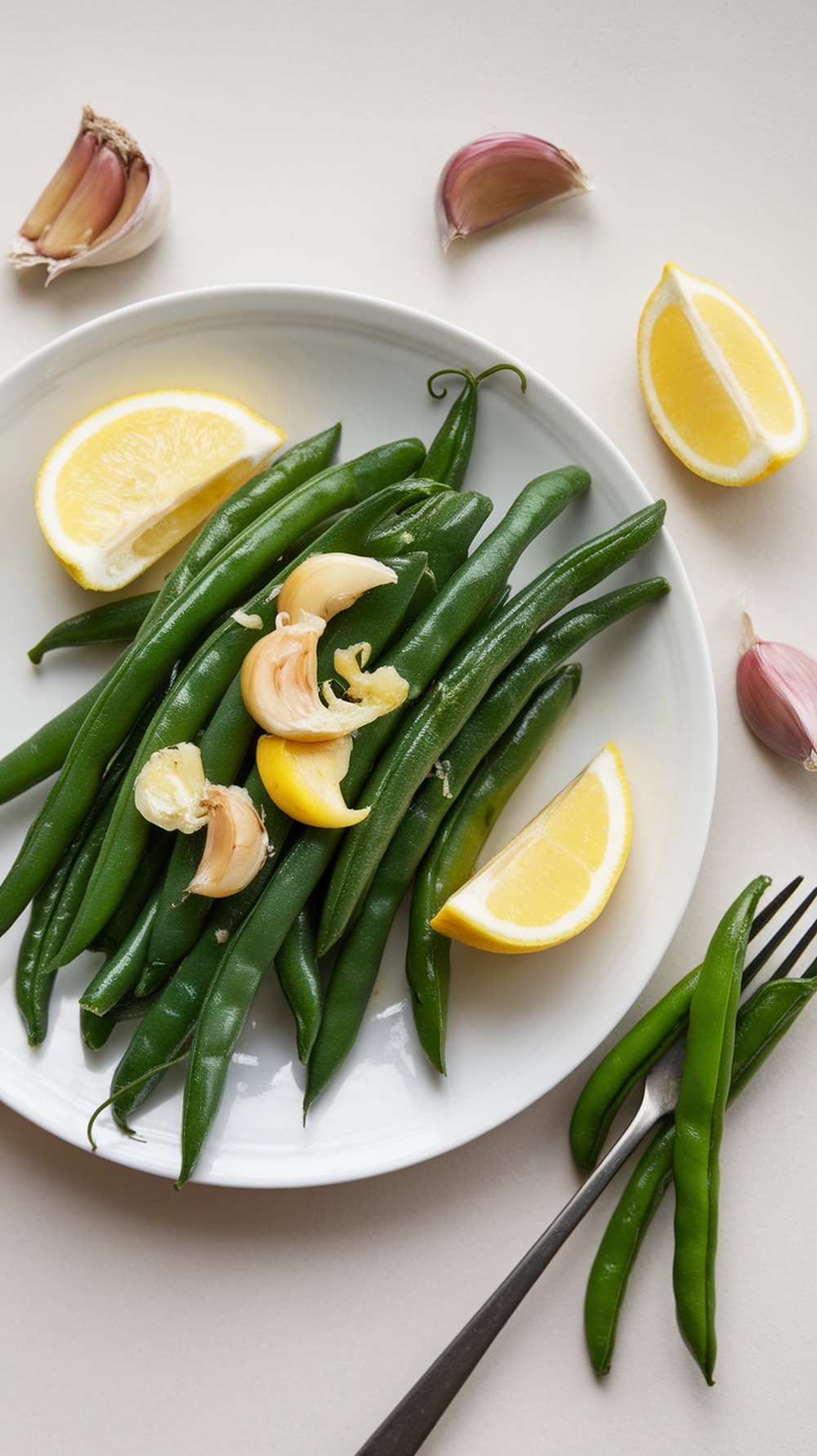 Plate of lemon garlic green beans with lemon slices and garlic cloves