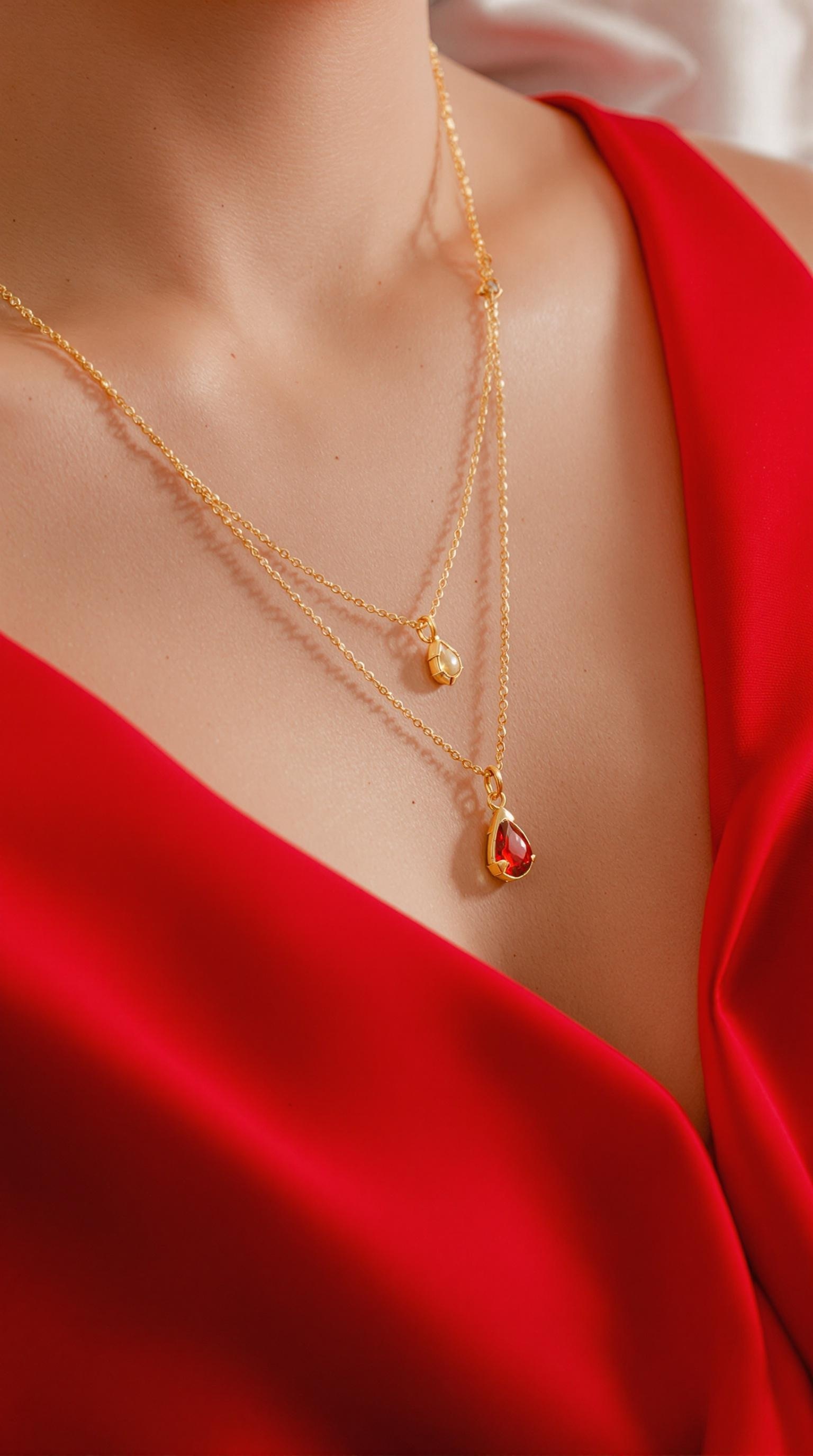 A close-up of a woman wearing a red dress with layered gold necklaces and earrings, set against a soft pink background.