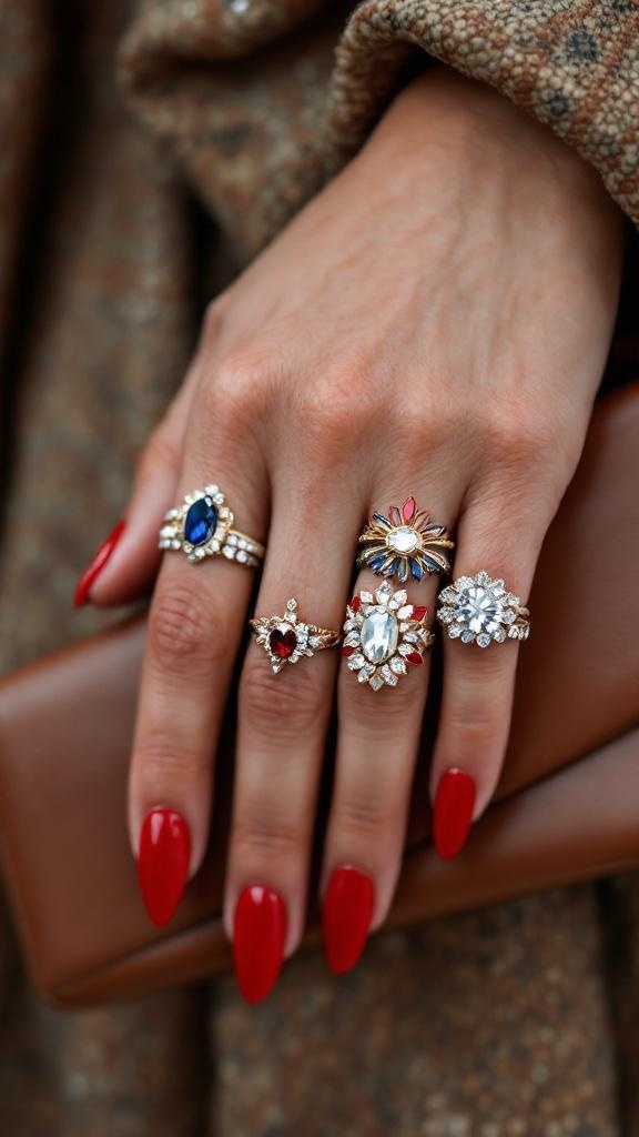 A close-up of a hand with red nails adorned with multiple rings, showcasing a mix of colors and styles.