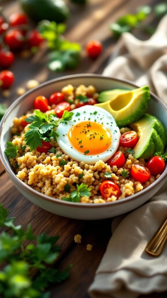 A gourmet breakfast bowl with couscous, cherry tomatoes, avocado, and a soft-boiled egg.