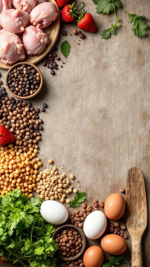 A variety of affordable protein sources including chicken, eggs, legumes, and fresh herbs on a wooden surface.