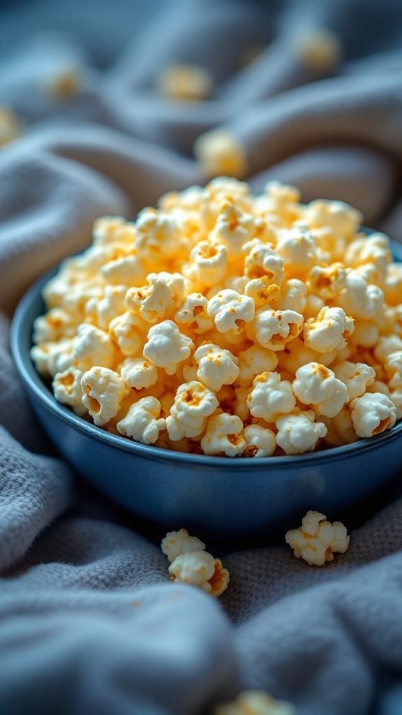 A bowl of air-popped popcorn on a cozy blanket, showcasing a healthy late-night snack option.