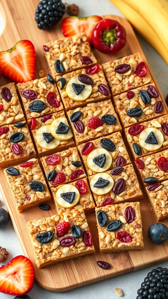 Colorful no-bake fruit and nut bars arranged on a wooden board with fresh fruits around them.
