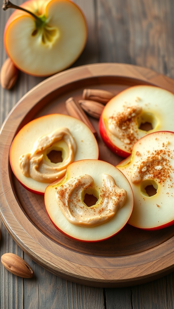Almond butter spread on apple slices with a sprinkle of cinnamon on a wooden plate