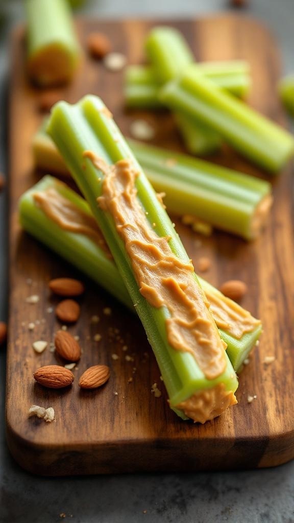 Celery sticks topped with almond butter on a wooden board, surrounded by almonds.