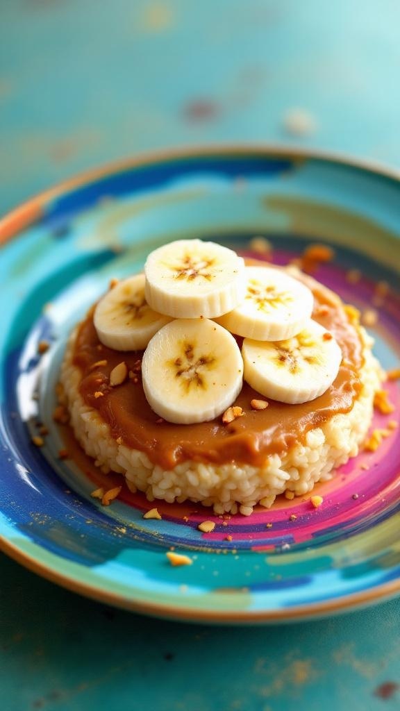 A colorful plate with a rice cake topped with almond butter and banana slices.