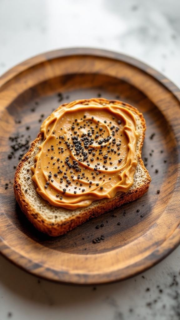 A slice of whole grain toast topped with almond butter and sprinkled with seeds on a wooden plate.