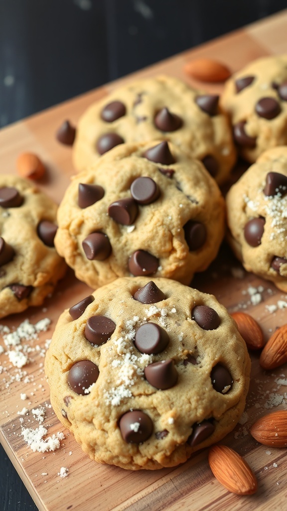 Delicious almond flour chocolate chip cookies on a wooden board with almonds scattered around.