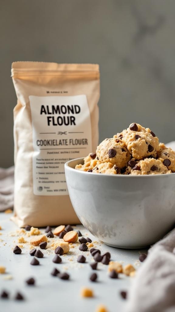 A bag of almond flour next to a bowl of cookie dough with chocolate chips.
