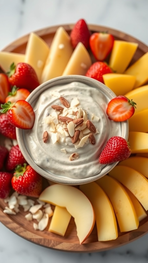 A bowl of Almond Joy Fruit Dip surrounded by fresh fruits like strawberries and apple slices.