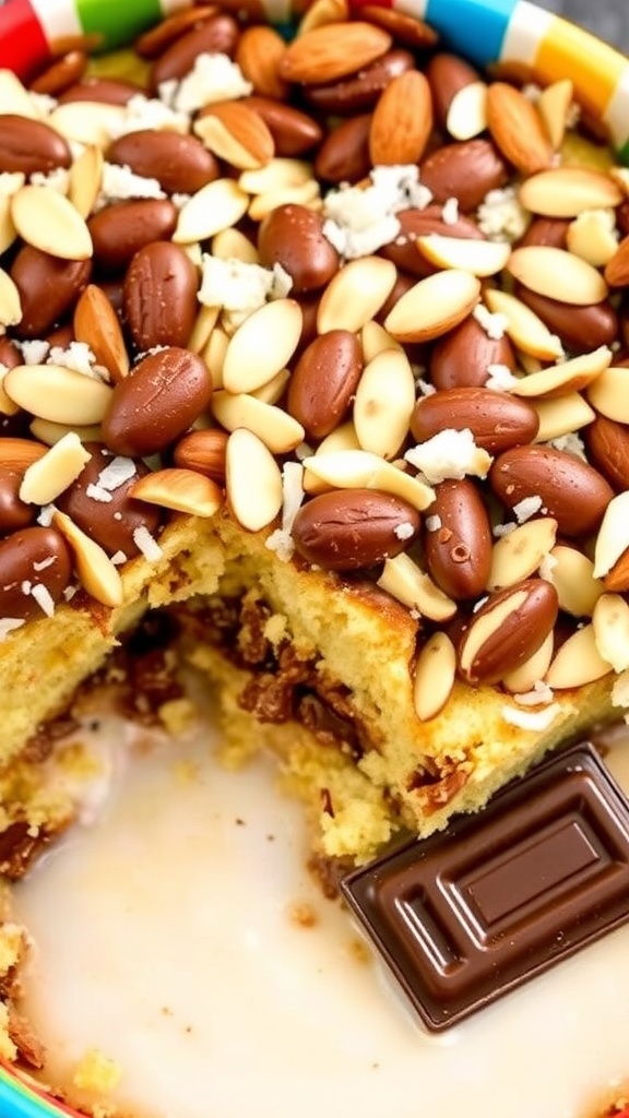 A delicious Almond Joy Protein Bread Pudding topped with white chocolate, almonds, and chocolate-covered treats.