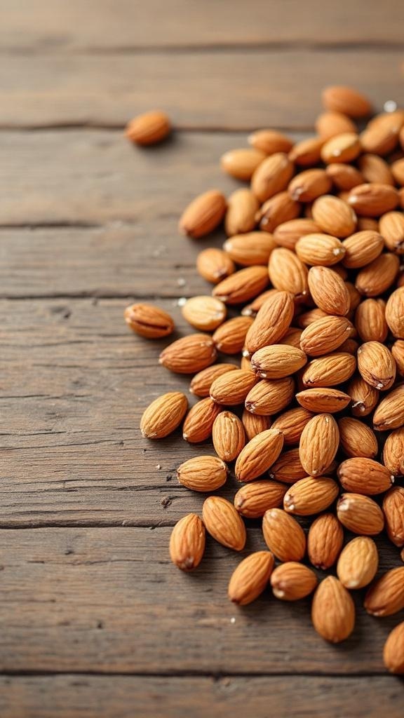 A pile of almonds on a wooden surface