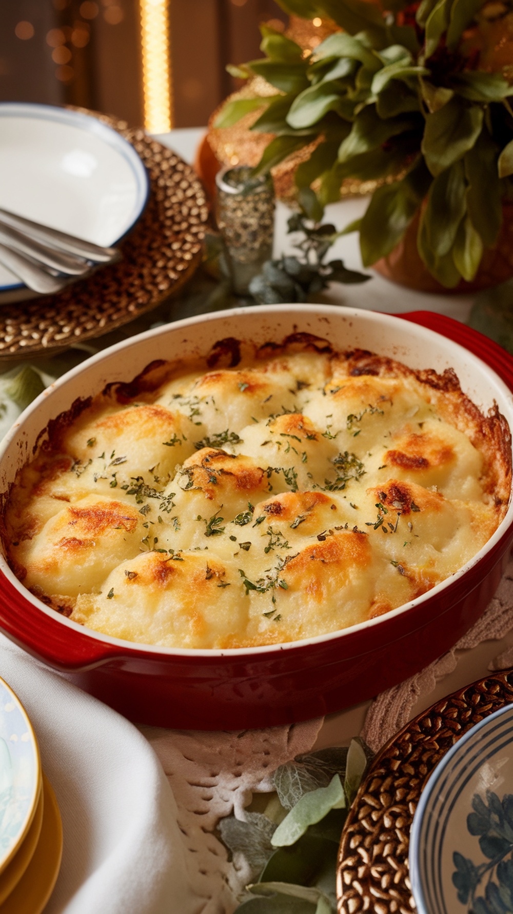 A dish of cheesy scalloped potatoes topped with herbs, served on a festive table.