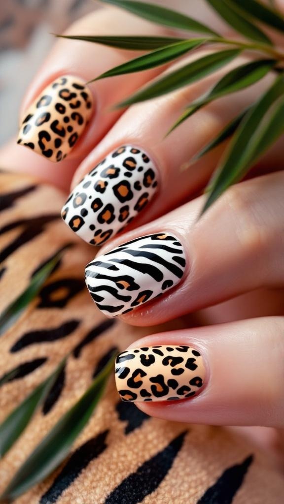 Nail art featuring animal print designs with decorative elements