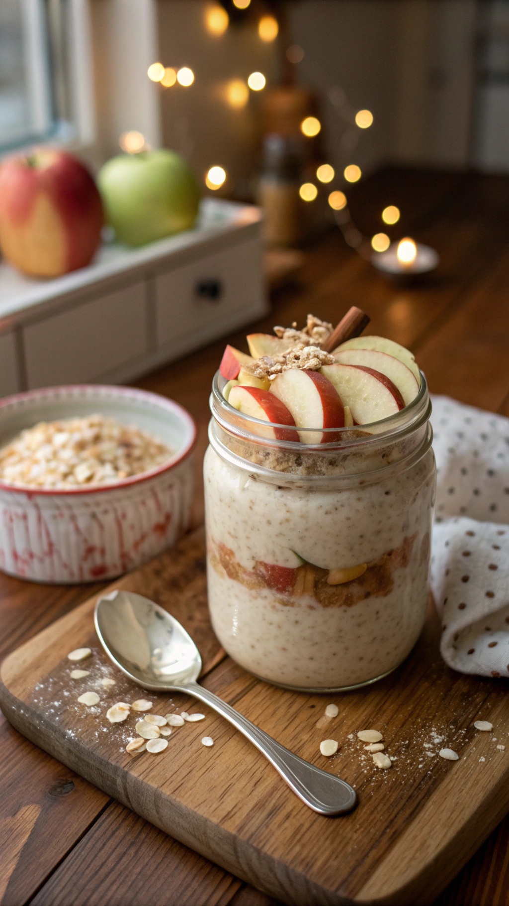 A jar of apple-cinnamon overnight oats topped with apple slices and granola, set in a cozy kitchen environment.