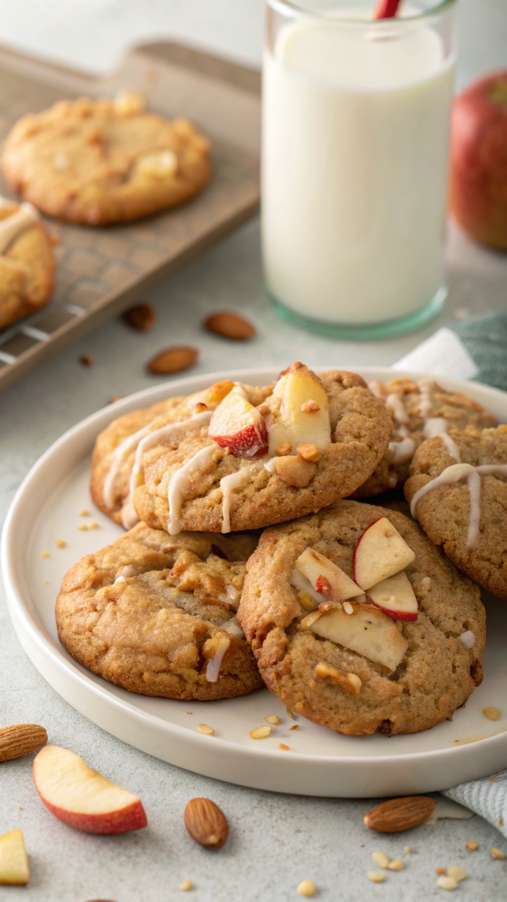 Plate of apple almond butter cookies with apple slices and a glass of milk
